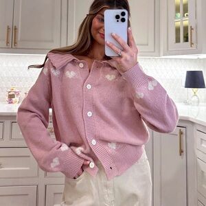 Listicle pink heart Peter Pan collar cardigan sweater